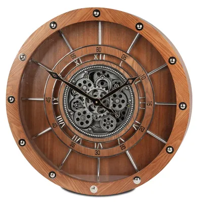 Produktbild von formano Wanduhr 60cm mit drehenden Zahnrädern Braun Silber Industrial Stil Holz