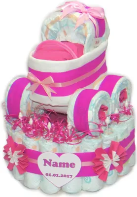 Produktbild von Windeltorte mit Windelkinderwagen in pink | Windelgeschenk Mädchen