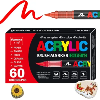 Produktbild von GuangNa 60 Farben Acrylmarker Set, Brush Tip Acrylstifte für Steine, Glas, Keramik, Leinwand, Wasserfest Schnelltrocknend