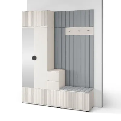 Produktbild von Garderoben-Set Ritmo version 8 – gefräste Kleiderschrank mit Polsterplatten, Schuhschrank, für Flur und Eingangsbereich (cashmere, Trinity 14)