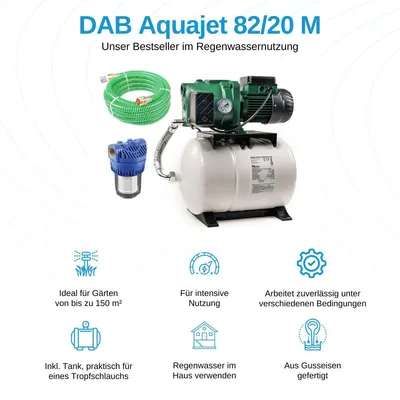 Produktbild von DAB Aquajet 82/20 M mit Ansaugschlauch 7 Meter und Vorfilter - Hauswasserwerk - 3.600 L/Std. - 840W - Förderhöhe 47 m - Bewässerungspumpe