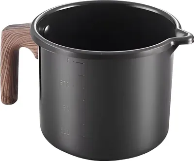 A black pot with a wooden handle and measurement markings on the side, isolated on a white background.