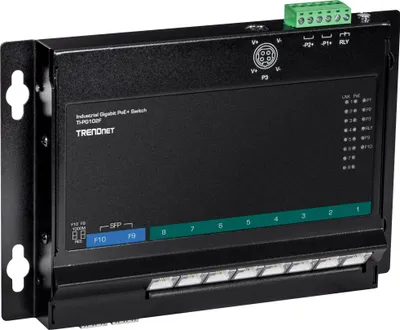 Productafbeelding van TrendNet TI-PG102F TRENDnet 10-Port Industrial Gigabit PoE+ WallMount Front Acc