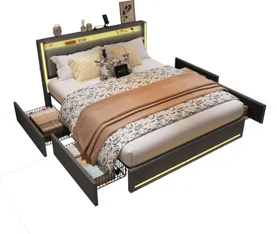Image de Lit rembourré Moonbite 140x190 cm, en lin gris foncé, avec 4 tiroirs, éclairage LED réglable, ports USB et USB-C, sommier à lattes, capacité jusqu'à 300 kg