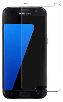 A screen protector is shown placed over a Samsung Galaxy S7 smartphone.