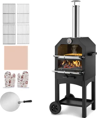 Obrázok produktu pre VEVOR 12" pec na pizzu na drevo, 2-úrovňová pec na pizzu na drevo, odnímateľné kolieska, maximálna teplota 371 °C, pec na pizzu na drevo na grilovanie