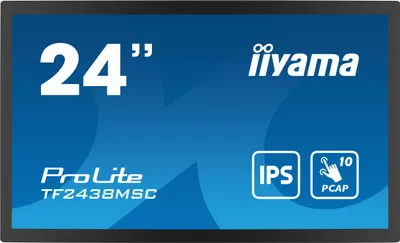 A marketing image for an Iiyama ProLite monitor, displaying its size, brand, model, and key features like IPS and 10-point PCAP touch.