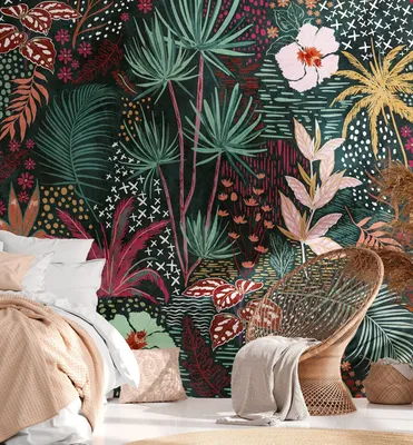 Produktbild von NEWROOM Tapete Grün Vliestapete Dschungel - Wandbild Modern Rot Gelb Blumen Palmenblätter Tapete Floral Dschungel