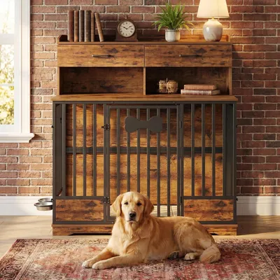 Produktbild von Hundekäfig Möbel, 120 cm Aufbewahrungskäfig Hundebox, Vintagebraun | mit Drehbaren Futternäpfen, 2 Schubladen & Kissen, XXL Hundekäfig für Mittlere