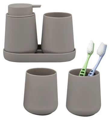 Image de Ensemble de salle de bain eluno TESERO 5 pièces comprenant 1 distributeur de savon, 3 gobelets et 1 bol, en plastique marron