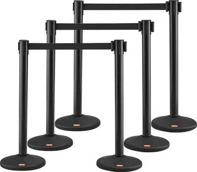 Produktbild von VEVOR Personenleitsystem Absperrband Absperrständer 6-teilig, 2 m x 48 mm Schwarzer Einziehbarer Gürtel, Personenleitsystem Absperrpfosten Geeignet für Flughäfen, Messen, Wettkampforte usw.
