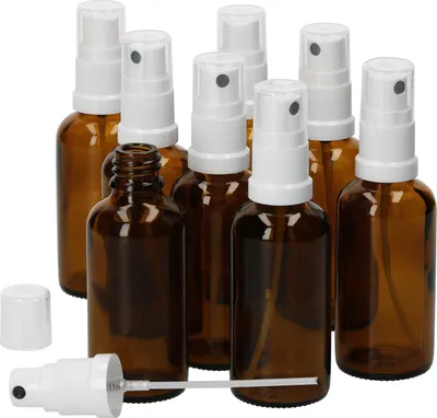 Obrázek produktu pro sada 8 lékárenských skleněných lahviček 50 ml s nástavcem na rozprašovací hlavici s ochranou proti světlu pro skladování rozprašovačů