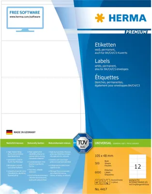 Produktbild von Etiketten Premium A4, weiß 105x48 mm Papier matt 6000 St.