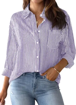 Image de ASKSA Femme Chemisier à rayures Chemises manches longues Chemises élégantes Chemises casual Travail Hauts Tops avec poche (Violet,L)
