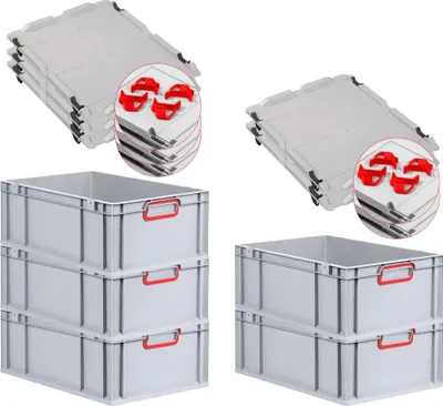 Produktbild von SparSet 5x Eurobox NextGen Color mit Auflagedeckel und Schiebeschnappverschlüsse | HxBxT 22x40x60cm | 44 Liter | Grau | Griffe rot geschlossen | Verstärkter Boden | Eurobehälter, Transportbox, Transportbehälter, Stapelbehälter