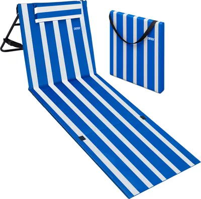 Produktbild von DETEX® Strandmatte mit Rückenlehne Gepolstert Blau Weiß Sonnenliege klappbar UV-beständig Tasche Reißverschluss Kissen Tragegurt Garten Camping Picknick Liegematte 158x56cm