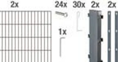 A collection of components for a gabion wall, including wire mesh panels, posts, and fasteners, with quantity indicators.