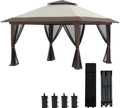 Produktbild von Faltpavillon Pop-Up, Partyzelt höhenverstellbar, 4 Netzwände Lüftungsdach, Beige | 392 x 392 x 283 cm | 3 Höhenstufen | Tragetasche mit Rollen