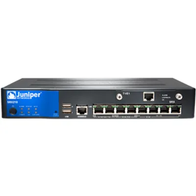 Produktbild von Juniper SRX210, 100–240V, 50W, 0 - 40 °C, -20 - 70 °C, 10 - 90%, POP3, HTTP, SMTP, IMAP, FTP, RADIUS, RSA SecureID, LDAP