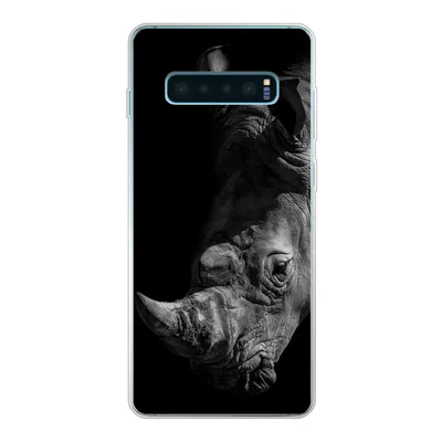 Produktbild von MuchoWow® Handyhülle Schutzhülle Hülle für Samsung Galaxy S10 Plus Nahaufnahme eines Nashorns auf schwarzem Hintergrund Silikon Softcase Handy Hülle - Schutzhülle