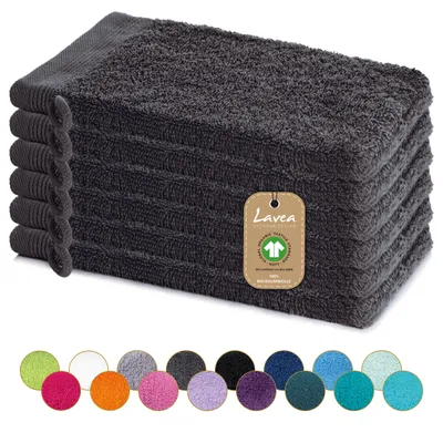 Produktbild von Lavea® 6er Set Waschhandschuh 16x22 cm, 100% Baumwolle, Waschlappen, saugstark, waschbar, strapazierfähig, Frottierserie Bali - Anthrazit