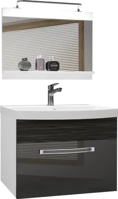 Immagine prodotto di Set completo di mobili da bagno BELINI mobile lavabo, lavabo, specchio, lampada (argento / ebano royal, lucido e opaco)