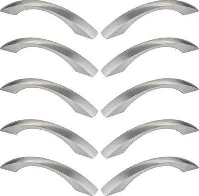 Obrázek produktu pro Nerezové úchytky v balení po 10 kusech, zakřivené, 128 mm, matné, pro nábytek a skříně.