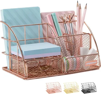 Produktbild von Roségoldener Schreibtisch-Organizer für Damen, Netzstoff für Bürobedarf, Schreibtischzubehör, mit 5 Fächern + 1 Mini-Schiebeschublade$Schreibtisch-Organizer und Zubehör, Büro-Organizer, Stiftehalter für den Schreibtisch, Schreibtisch-Organizer für Bürobedarf (Roségold)$Schreibtisch-Organizer für Damen, niedliches Netzstoff Bürobedarf, Zubehör, Essentials-Caddy mit Schublade für Heim- und Büro-Desktop-Organisation und -Dekoration, Roségold