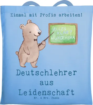 Produktbild von Mr. & Mrs. Panda Einkaufstasche Deutschlehrer Leidenschaft - Sky Blue - Geschenk, Grundschule, Jutebeutel, Tasche, Schultasche, Lustig, Spruch, Tote Bag, Witzig, Beutel