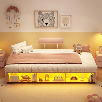 Zdjęcie produktu dla Łóżko tapicerowane 90x200 cm w kolorze różowym, obite welurem, z otwartą przestrzenią do przechowywania i półką LED po bokach, idealne do pokoju dziecięcego lub sypialni