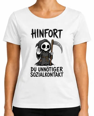 Immagine prodotto di Maglietta da donna, bianca, taglia XL, con la scritta: "Hinfort: Contatto sociale inutile, Mietitore, Dichiarazione, Sarcasmo."