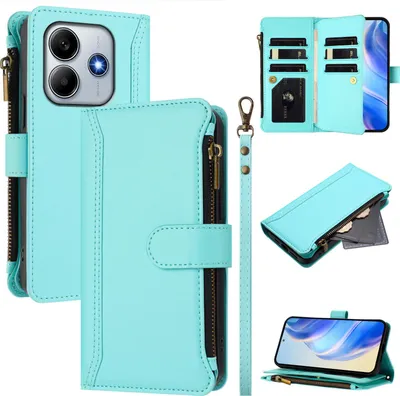 Produktbild von Handyhülle für Xiaomi Redmi Note 14 4G Reißverschluss Geldbörse Kunstleder Klapphülle mit Kartensteckplatz, Ständer, Handschlaufe Türkis