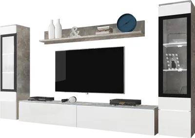 Produktbild von MIRJAN24 Wohnwand Vera II, Stilvoll Wohnzimmer-Set, TV-Schrank, Modern Mediawand (Beton / Weiß Hochglanz, mit Beleuchtung)
