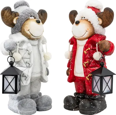 Produktbild von 2er Set Weihnachtsdeko 42cm Weihnachtsfiguren Figuren Weihnachten mit LED Laterne mit Timer Winterdeko Deko Figur Wohnzimmer  Elch
