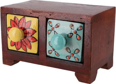 Produktbild von Apothekerschränkchen mit Bunten Keramik Schubfächern, Gewürzkiste - 2 Fächer Modell 2, Braun, Holz, 10*15*8 cm, Dosen, Boxen & Schatullen