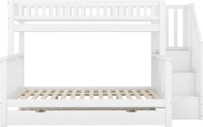 Produktbild von okwish Etagenbett, Heimbett für 3 Kinder, mit Ausziehbett und Treppe, geeignet für Kinder, Jugendliche, weiß, (Oberteil: 90 x 200 cm, 140 x 200 cm)