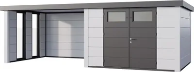 Produktbild von Telluria Metallgerätehaus Classico 3030 mit Lounge Anbau inkl. 2 Fenstern weiß/weiß Lounge-Anbau links