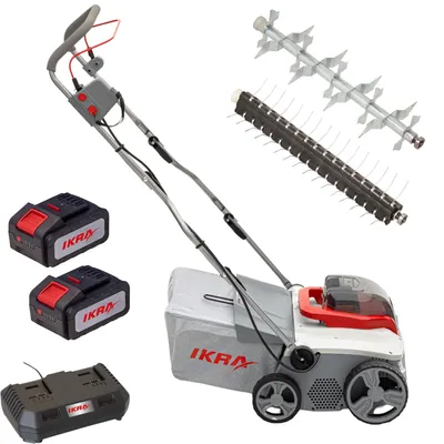 Productafbeelding van IKRA 3-in-1 accu-verticutter en gazonluchter IAVL 2-2040 | 40 cm werkbreedte | Werkdiepte +12 tot -3 mm | 40 liter opvangzak | 2 x 20V (4,0 Ah) accu's en snellader