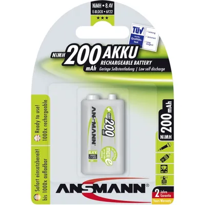 Produktbild von ANSMANN Akku 9V 200mAh E-Block NiMH 1,2V – 1000x wiederaufladbar (1 Stück)