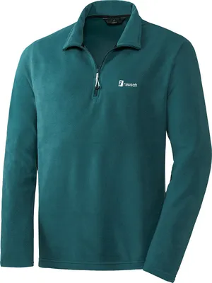 A teal-colored fleece shirt with a zipper is displayed against a white background.