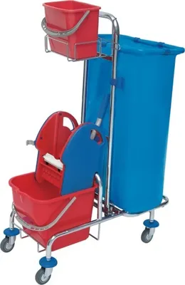 Produktbild von CleanSV® verchromter Putzwagen mit Moppresse, Reinigungswagen mit Beutelhalter 120l und Plastikeimern, Variante:mit 1 x 6 l Eimer