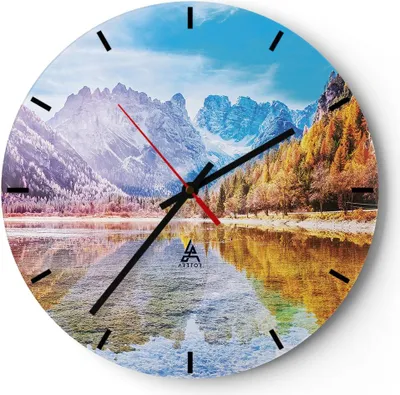 Produktbild von Wanduhr - Rund - Glasuhr - Herbst Landschaft Berge - 30x30cm - Schleichendes Uhrwerk - Lautlos - zum Aufhängen bereit - Dekoration Modern - Wanddekoration aus Glas - C3AR30x30-4624