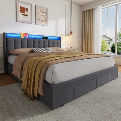 Produktbild von okwish Polsterbett 180x200 Jugendbett Kinderbett mit Bettkasten und LED-Licht,Stauraumbett Boxspringbett mit Schubladen und Steckdosen,Grau(ohne Matratze)