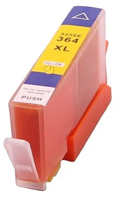 A yellow and blue ink cartridge with text and a small droplet icon, held in an orange plastic stand.