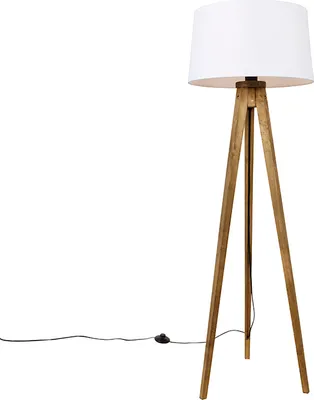 Zdjęcie produktu dla Rustykalna lampa podłogowa na trójnogu z vintage'owego drewna z białym abażurem z lnu 45 cm - Tripod Classic