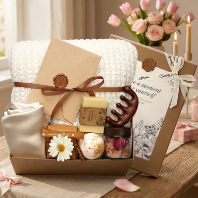 Produktbild von YEERSWAG Spa Geschenkset für Frauen, Wellness Geschenkbox mit Haube & Massagekamm, Self Care Geschenk für Geburtstag, Gute Besserung & Freundin, Weiß