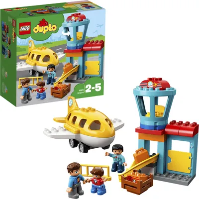 A LEGO DUPLO Airport playset, including a box and the assembled toy.