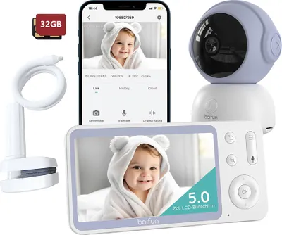 Produktbild von Babyphone mit Kamera 2K, 5" Babyfon Video PTZ 355°, Bewegungs und Geräuscherkennung, Temperatur und Luftfeuchtigkeitsüberwach, Kamerahalterung, 32G