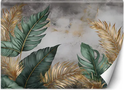 Produktbild von Vlies fototapete Gold und grüne Blätter auf grauem Hintergrund 150x105 cm Feeby Grau inkl. Kleber einfache Montage