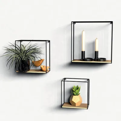 Productafbeelding van Set van 3 Industrieel Wandplanken - Zwevende Planken van Hout en Zwart Metaal voor Woonkamer, Keuken of Hal